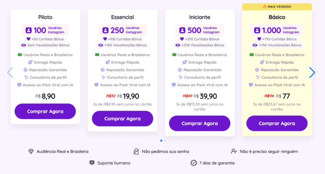 Print dos pacotes mais baratos do site para comprar seguidores impulsionegram