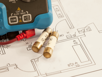 Multímetro e fusível em cima de um diagrama unifilar elétrico de uma casa