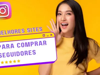 mulher falando dos melhores sites para comprar seguidores instagram em fundo amarelo