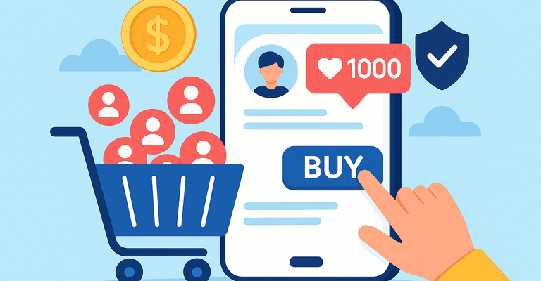 mao apontando para buy em telefone mockup e icones de seguidores pulando fora de carrinho de compras